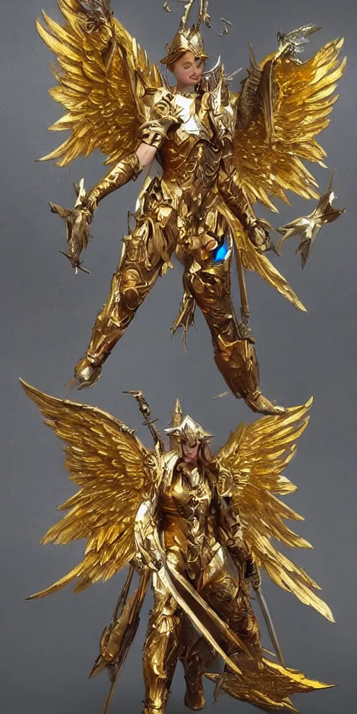 Image similar to fantasy angel warrior in armor with bright gold wings, epic flying pose, full length portrait, art, paint, fine details