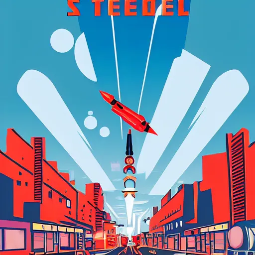 Prompt: rocket standing on a street in the middle of a cyberpunk city, neon signs, 1 9 6 0 s poster, minimalism, clouds, night time, dramatic lighting, flat design, flat colors, in the style of a soviet propaganda poster