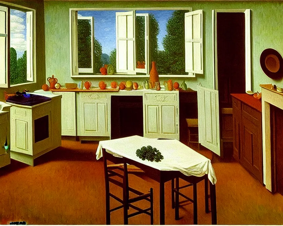 Image similar to achingly beautiful painting of a sophisticated, well - decorated kitchen by rene magritte, monet, and turner.