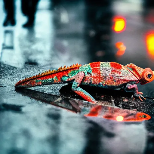 Prompt: a high quality low wide angle photo of a chameleon on the streets of a cyberpunk city, rainy, reflective ground, neon lights, realism, 8k