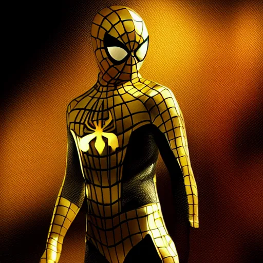 Image similar to gold spider - man suit with black web lining, cinematic, volumetric lighting, realistic, hyperdetailed, photorealistic, photograph