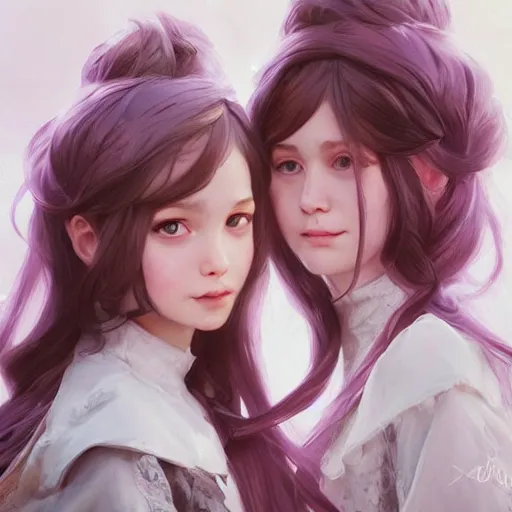 Prompt: a highly detailed portrait of sisters with purpure very very long hair, There are large snow-white peonies in the background, artstation, highly detailed, portrait, by krenz cushart