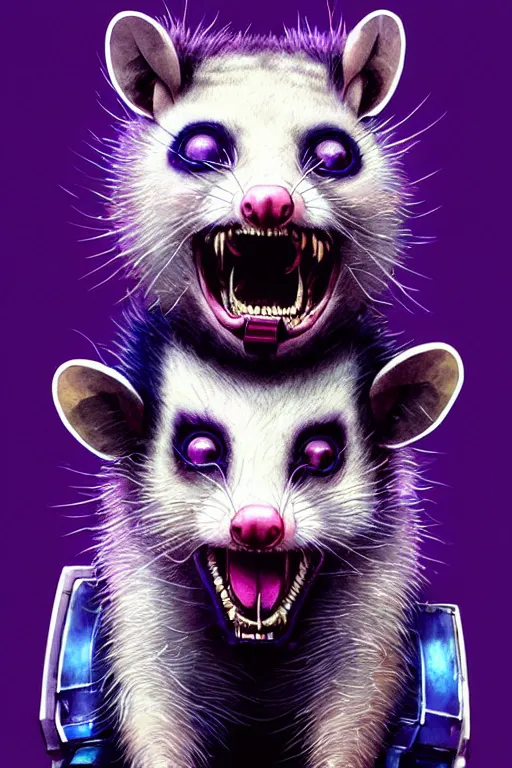 Image similar to a beautiful portrait of a cute cyberpunk opossum screaming by sandra chevrier and greg rutkowski and wlop, purple blue color scheme, high key lighting, volumetric light, digital art, highly detailed, fine detail, intricate, ornate, complex, octane render, unreal engine, photorealistic