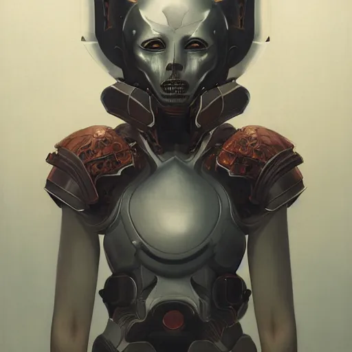 Image similar to portrait girl with armor in style of ghost blade by by hsiao ron cheng, tetsuya ichida, bizarre compositions, tsutomu nihei, exquisite detail, extremely moody lighting, 8 k, art nouveau, old chines painting, art nouveau