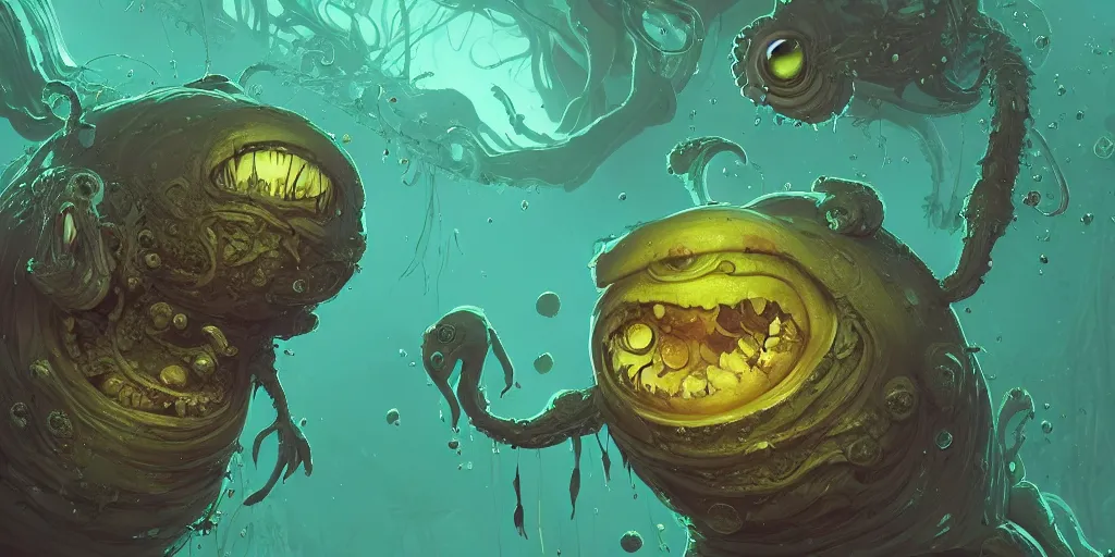 Prompt: of an intricate mariana trench with strange colorful cute funny marine creatures with huge eyes, long tongue, square teeth and funny face appearing from murky waters, in the style of charles vess, macro lens, shallow depth of field, highly detailed, digital painting, trending artstation, concept art, illustration, cinematic lighting, vibrant colors, photorealism, epic, octane render