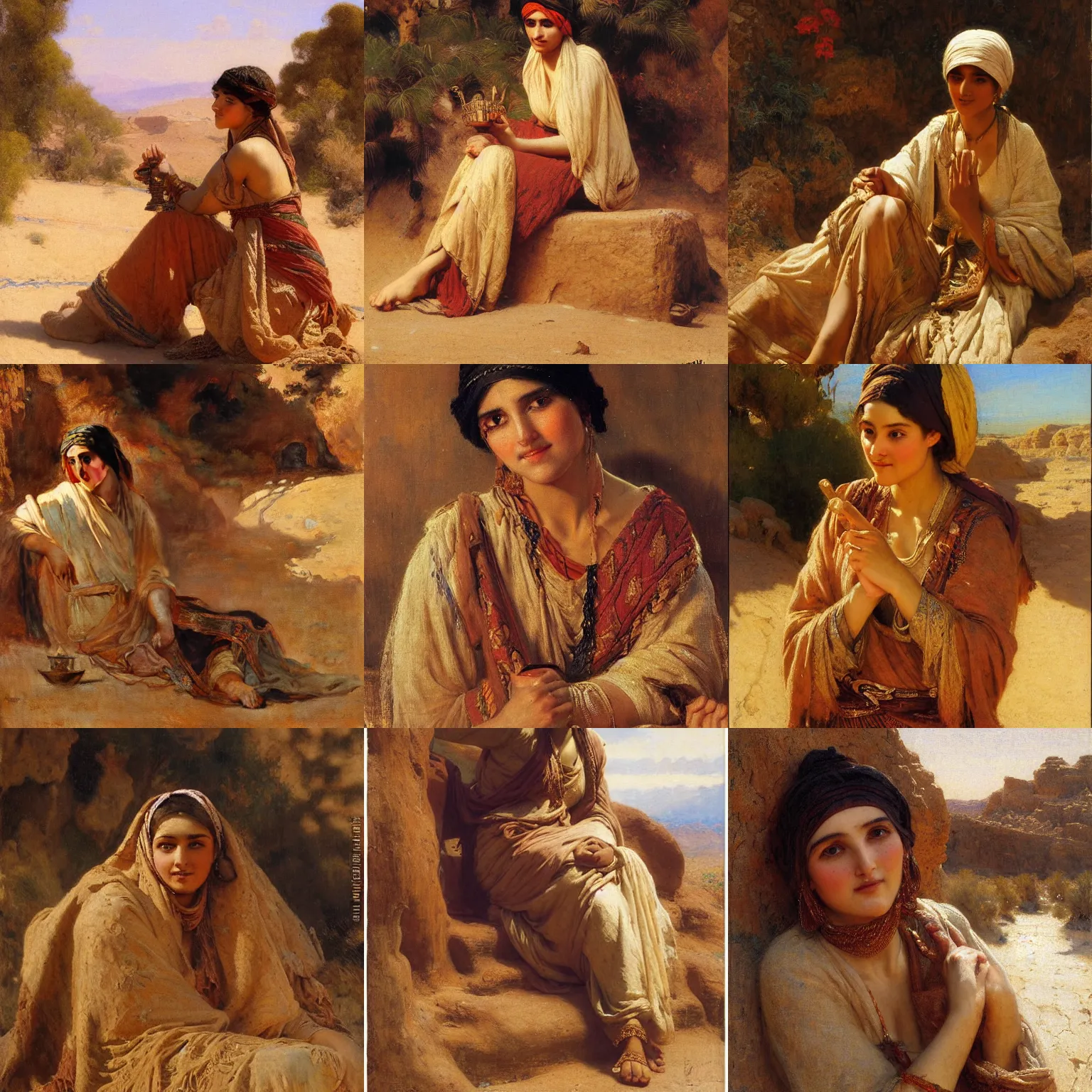 Prompt: orientalism cute woman in the desert by theodore ralli and nasreddine dinet and annie swynnerton and nikolay makovsky and edwin longsden long, oil on canvas, masterful intricate artwork, excellent lighting, high detail 8 k