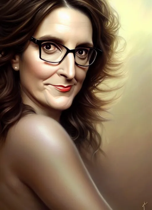 Image similar to potrait of tina fey, aesthetic, fine art, intricate, elegant, highly detailed, realistic hair, centered, digital painting, art station, conceptual art, soft, sharp focus, illustration, artwork, artgerm, tomasz alen kopera, peter mohrbacher, donato giancola, wlop, boris vallejo