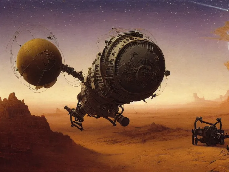 Image similar to an oil painting of an ancient dieselpunk spacecraft in the middle of an alien desert at dusk, aurora and stars light up the sky by beksinski carl spitzweg and tuomas korpi. baroque elements, full-length view. baroque element. intricate artwork by caravaggio. Trending on artstation. 8k