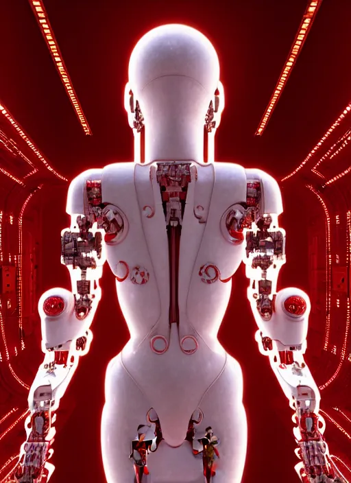 Image similar to , high detailed space station interior, a statue jesus on cross made of red marble, perfect symmetrical body, full body shot, white biomechanical, wearing epic bionic cyborg implants, masterpiece, intricate, biopunk, vogue, highly detailed, artstation, concept art, background galaxy, cyberpunk, octane render