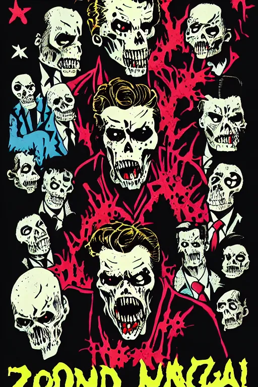 Prompt: undead ronald reagan zombie, punk rock poster, artwork by mike mignola and frank miller