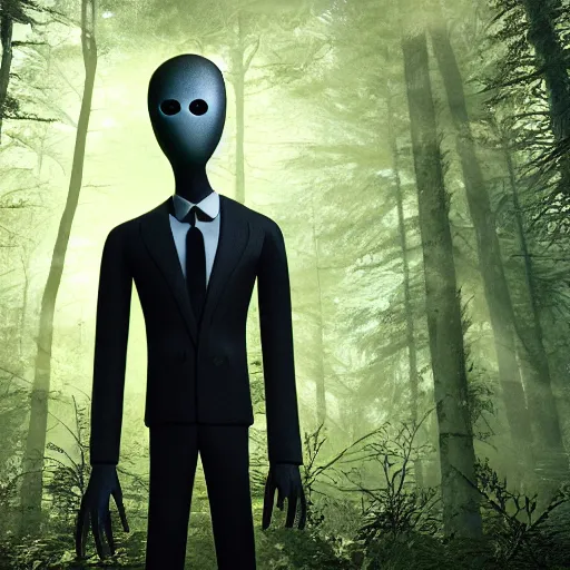 Image similar to photorealistic Slenderman in the woods, dynamic lighting, ultra realistic, trending on art station, ray tracing, sun rays