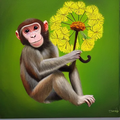 Image similar to photograph of a monkey painting dandelions on a canvas