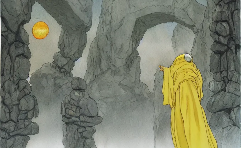 Prompt: a hyperrealist anime watercolor fantasy concept art of a giant alien with a grey robe and a small grey alien with a yellow robe in stonehenge on a misty night. several big stones are floating in the air. by rebecca guay, michael kaluta, charles vess