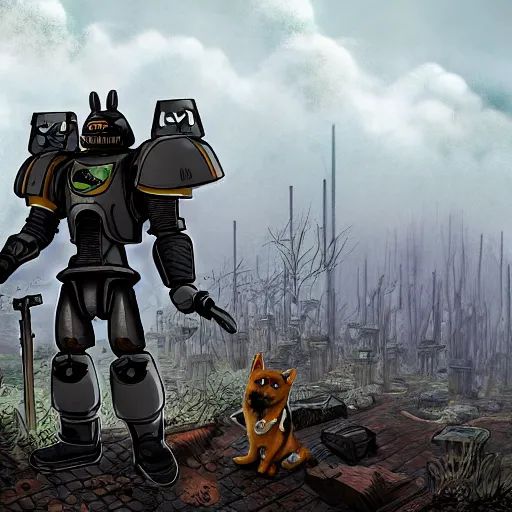 Prompt: anthropomorphic shiba inu on hill, wearing warhammer 4 0 k black exoskeleton power armor without helmet, holding sci - fi laser gatling gun, post apocalyptic foggy graveyard background