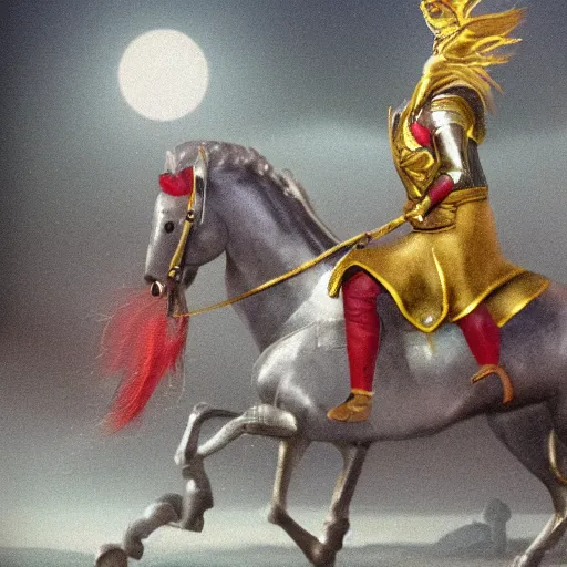 Prompt: silver knight in shining armor with ruby gems and a gold sword on a horse in a foggy lake under moonlight