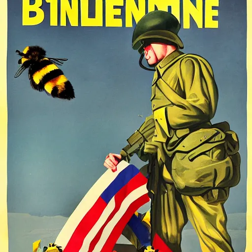 Prompt: a sleeping soldier is stung by a bumblebee, ww 2 allied propaganda poster, no text, highly detailed, vaporwave aesthetic