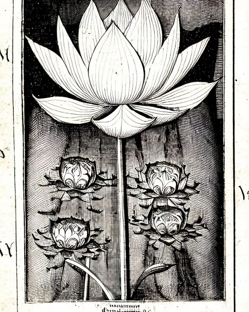 Prompt: an illustration of the head of a lotus flower from the nuremberg chronicle, 1 4 9 3