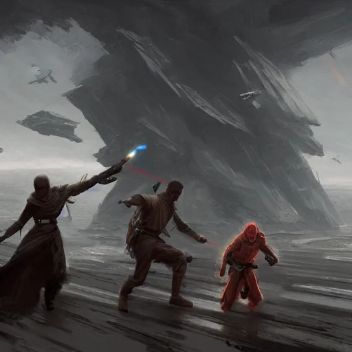 Prompt: star wars concept art by greg rutkowski, two jedis fighting a sith, on a fortress surrounded by a stormy sea, stressful atmosphere, cinematic lighting, artstation hq