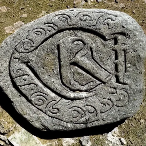 Image similar to an alien alphabet with letter for letter translations to english carved on a piece of ancient stone