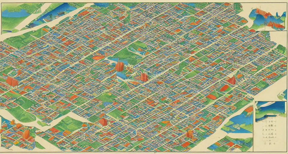 Image similar to 3 d isometric information map of a city island. time series charts, pie plots and other modern graphics. diego rivera ( ukiyo - e influence ). botanical illustration. hyperdetailed.