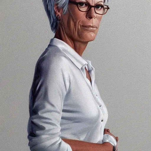 Image similar to jamie lee curtis, full body, tired, serious, intelligent, powerful, white hair, fully clothed, wise, beautiful, by stanley artgerm, soft lighting, trending on artstation, flat colour