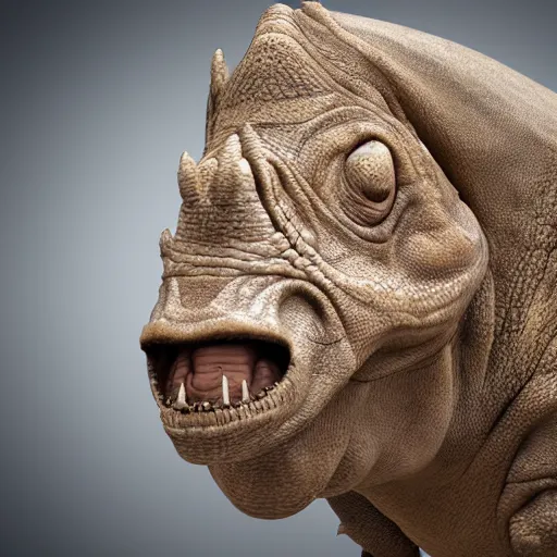 Image similar to face of a human triceratops hybrid