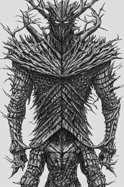 Image similar to armoured tree human figure monster, symmetrical, highly detailed, digital art, tree armour, sharp focus, trending on art station, kentaro miura manga art style