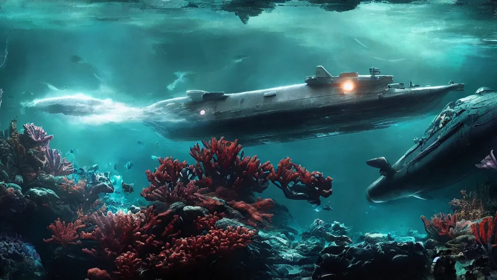 Prompt: Hyperrealistic hi-tec submarine in a dark underwater scene, surrounded by magic fish that emit light, underwater vegetation and vibrant corals, cinematic lighting, by Maciej Kuciara, Craig Mullins, 8k, wide angle, artstation
