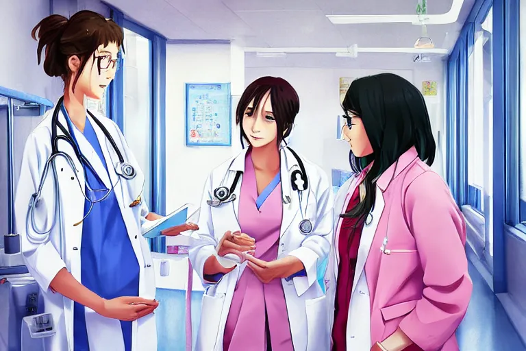 Image similar to a beautiful young female doctor wearing white coat are talking with a nurse wearing pink coat in a hospital ward, highly detailed, digital painting, slice of life anime, anime scenery by Makoto shinkai