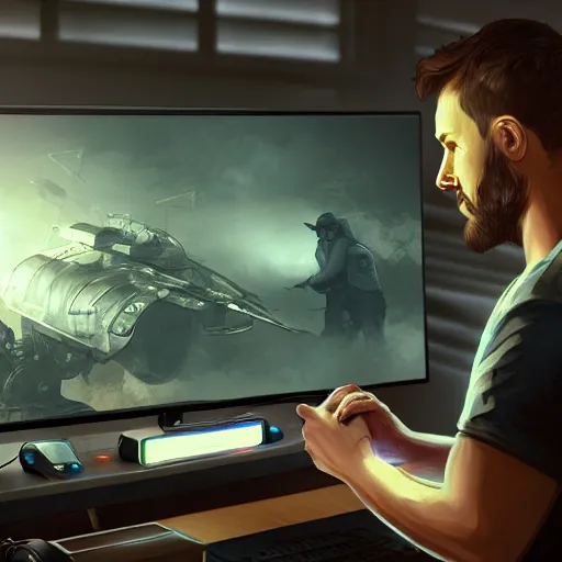 Prompt: realistic man using pc in gaming room, artstation trends, sci fi concept art, highly detailed, intricate, sharp focus, digital art, 8 k
