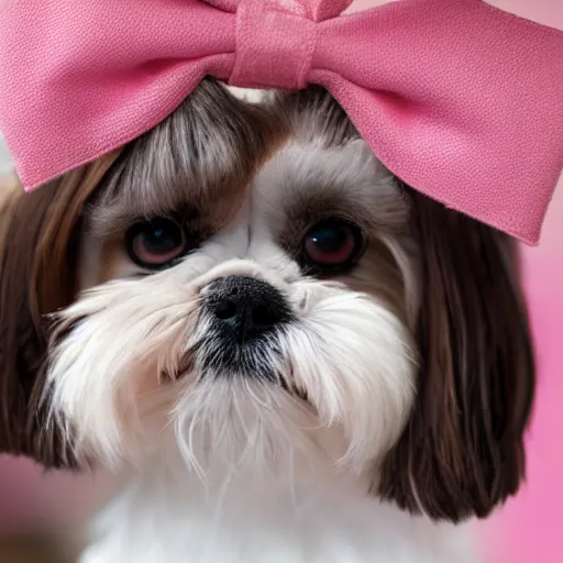 Image similar to shih tzu, brown and white, wearing a pink bow, life photography