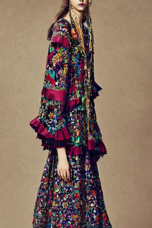 Image similar to hungarian folk costume made by valentino resort ss 2 0 1 6, sheer layered floral dress, chain jewelry, coin veil, cute young model portrait