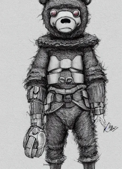 Image similar to beautiful little boy wearing an cyborg bear suit, artwork in kentaro miura and made in abyss and rosdraws, smooth, beautiful lightness, anatomically correct, trending on pixiv, forest