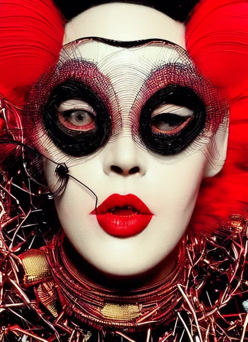 Prompt: an 8 0 s portrait of a woman with dark eye - shadow and red lips with dark slicked back hair, a high fashion mask made of wire and beads, dreaming acid - fueled hallucinations, psychedelic by serge lutens, rolf armstrong, delphin enjolras, peter elson, red cloth background, frilled blooming collar, alexander mcqueen