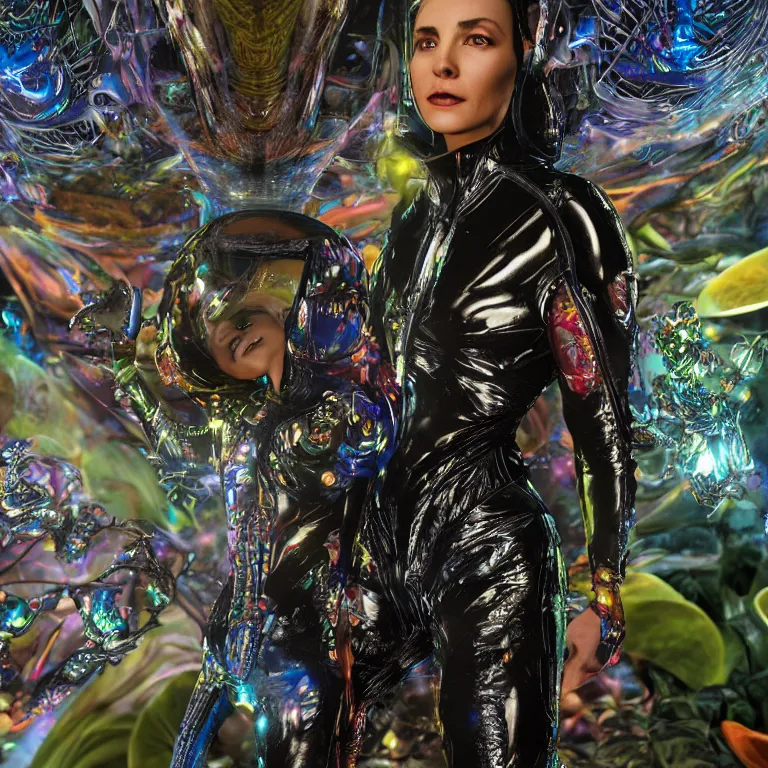 Prompt: octane render portrait by wayne barlow and carlo crivelli and glenn fabry, focus on a woman in a skintight shiny black spacesuit with intricate iridescent metal detailing, covered in bright colorful tropical alien flora inside a massive cavernous metal dome, cinema 4 d, ray traced lighting, very short depth of field, bokeh