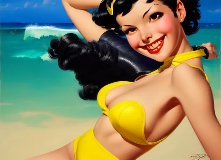 Image similar to the style of the artist gil elvgren, a girl with black hair, overwatch tracer, with a very beautiful symmetrical face, a smile on her face, tanned skin, in a yellow bikini, against the background of a sea beach, in art style, high detail, digital painting, hyperrealism