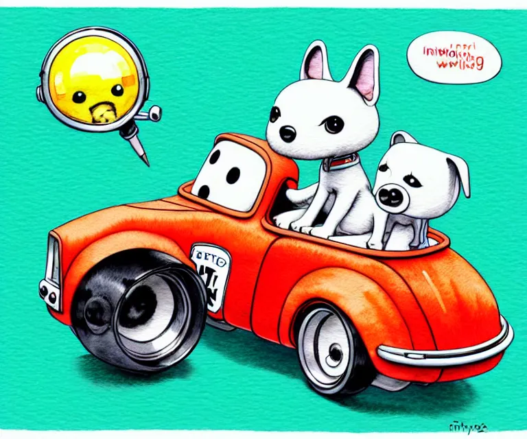 Prompt: cute and funny, puppy wearing a helmet riding in a tiny hot rod with an oversized engine, ratfink style by ed roth, centered award winning watercolor pen illustration, isometric illustration by chihiro iwasaki, edited by range murata, tiny details by artgerm and watercolor girl, symmetrically isometrically centered, sharply focused