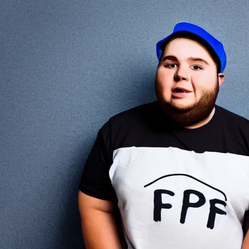 Image similar to obese young man with a t-shirt and cap with the letter P, drawing a comic