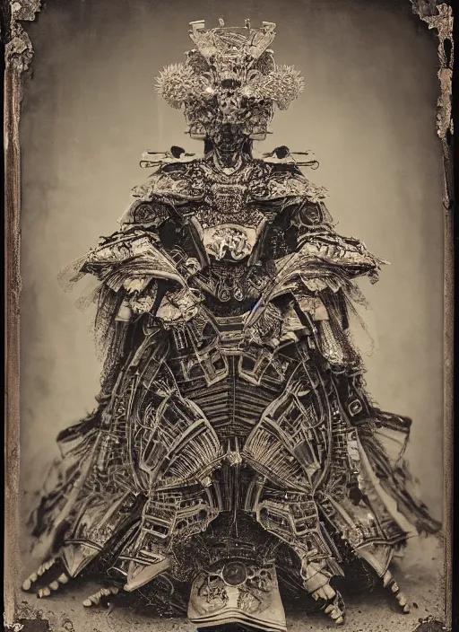 Image similar to old wetplate daguerreotype frame portrait of a futuristic silver armored geisha emperor district 9 cyborg, fractal, intricate, elegant, highly detailed, subsurface scattering, by jheronimus bosch and greg rutkowski and louis jacques mande daguerre