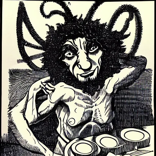 Image similar to A satyr scribe, by Terry Oakes, Art Spiegelman, Strobe light, Dynamic Perspective, Half rear lighting, High dynamic range, Noon