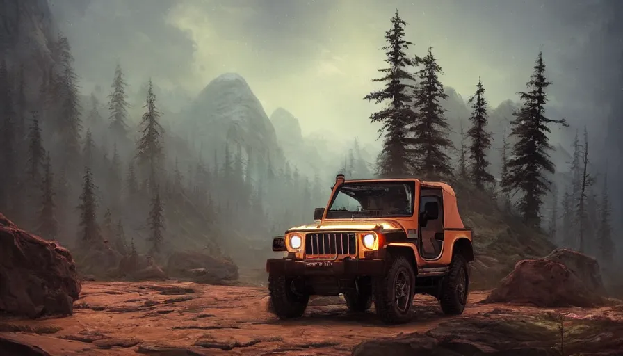 Image similar to Mahindra Thar, an epic fantasy, dramatic lighting, cinematic, establishing shot, extremely high detail, photorealistic, cinematic lighting, artstation, by simon stalenhag, horizon forbidden west