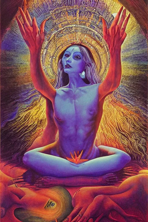 Prompt: mystic cult girl performing third eye ritual, expanding energy into waves into the ethos, epic surrealism oil paint, post modernist layering, by Ernst Fuchs, John Howe highly detailed