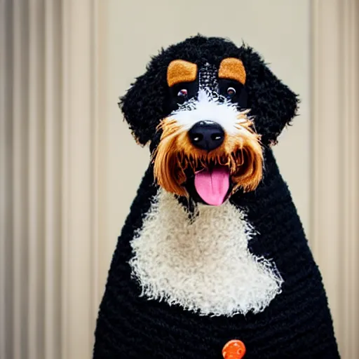 Image similar to a closeup photorealistic photograph of a cute smiling knitted bernedoodle judge dog dressed in a black gown, presiding over the courthouse. indoor image, professional capture, well lit shot. this 4 k hd image is trending on artstation, featured on behance, well - rendered, extra crisp, features intricate detail, epic composition and the style of unreal engine.