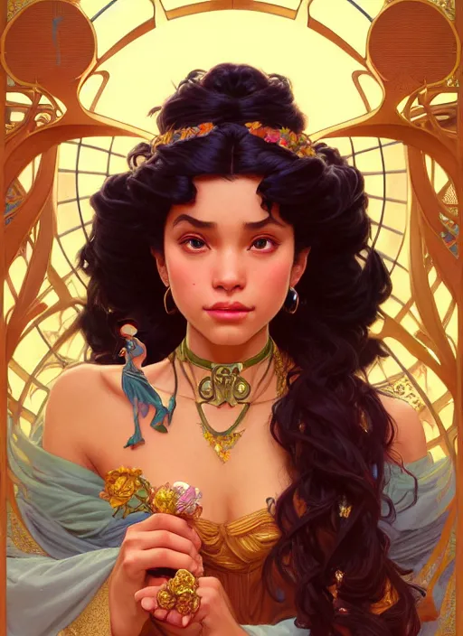 Image similar to portrait of disney esmeralda, intricate, elegant, highly detailed, my rendition, digital painting, artstation, concept art, smooth, sharp focus, illustration, art by artgerm and greg rutkowski and alphonse mucha and uang guangjian and gil elvgren and sachin teng, symmetry!!