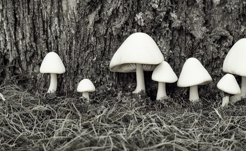 Image similar to a photography from afar of a creepy mushroom family, terrifying, photorealistic, 2 4 mm