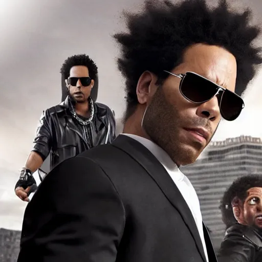 Image similar to men in black agent as lenny kravitz fighting aliens, dynamic movie still, detailed 8 k photorealistic portrait, imdb poster style