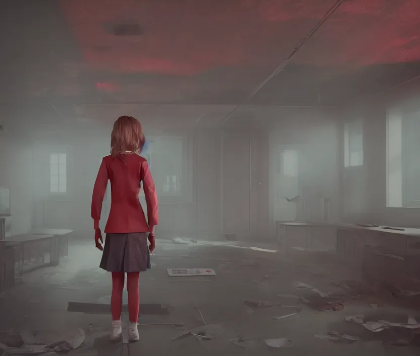 Image similar to school girl standing on an abandoned hospital room with red ceiling lighting and several blue lights on the walls, gloomy and foggy atmosphere, octane render, artstation trending, horror scene, highly detailded