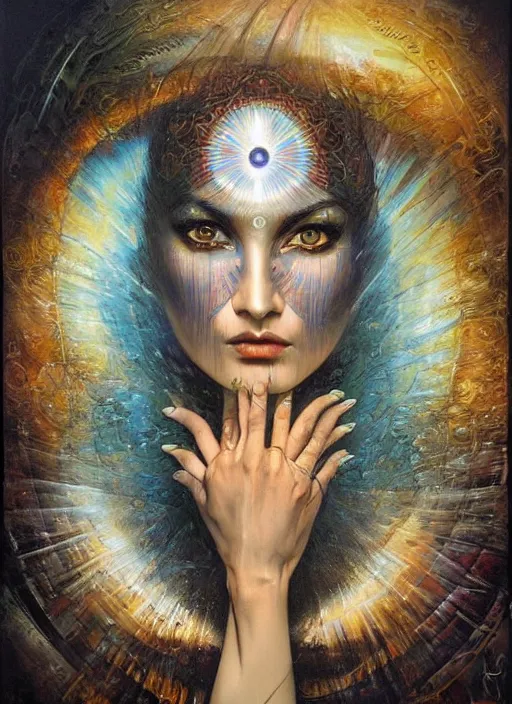 Image similar to magic enlightened cult psychic lovable woman, painted face, third eye, energetic consciousness psychedelic, epic surrealism expressionism symbolism, symmetrical face, by karol bak, masterpiece