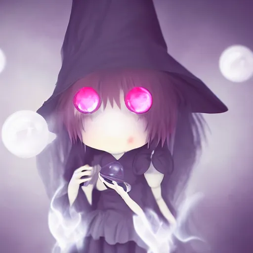 Image similar to cute fumo plush girl gazing into a crystal ball swirling with strange energy, black and white gothic horror, smoke and volumetric fog, witch girl, soothsayer, lens flare glow, chibi anime, vray