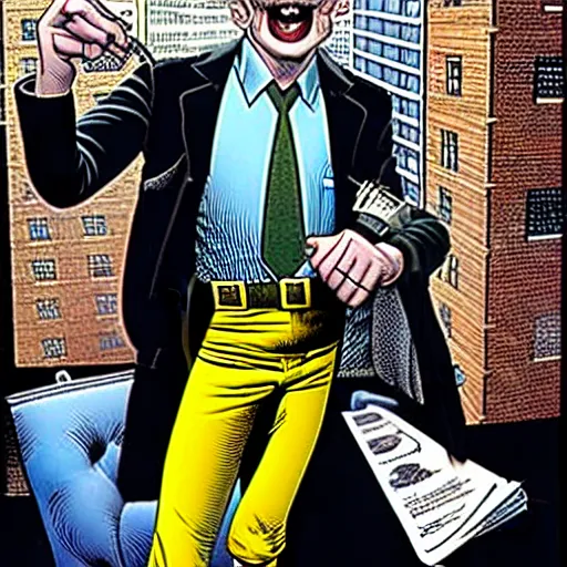 Image similar to drawing gotham city's finest investigative reporter jack ryder with 1 4 tiny jokers all in his mouth, 4 k art by brian bolland, graphic novel art